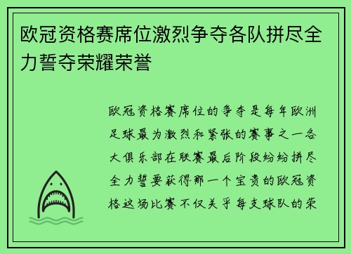 欧冠资格赛席位激烈争夺各队拼尽全力誓夺荣耀荣誉