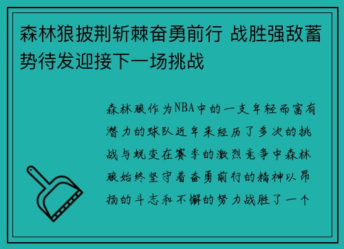 森林狼披荆斩棘奋勇前行 战胜强敌蓄势待发迎接下一场挑战