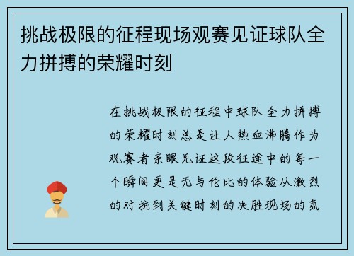挑战极限的征程现场观赛见证球队全力拼搏的荣耀时刻